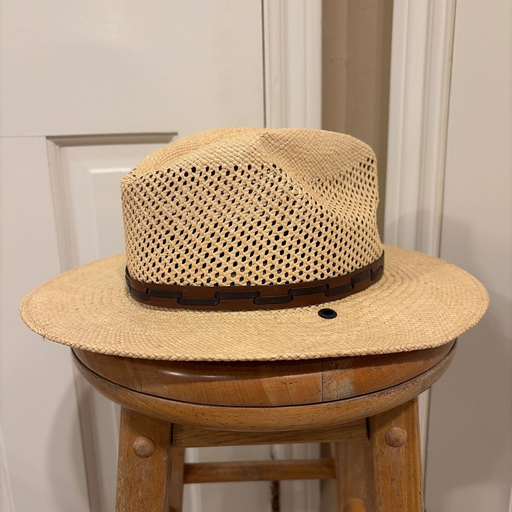 Stetson Unisex Straw Fedora Sun Hat Tan Medium Leather Band Breathable Mesh